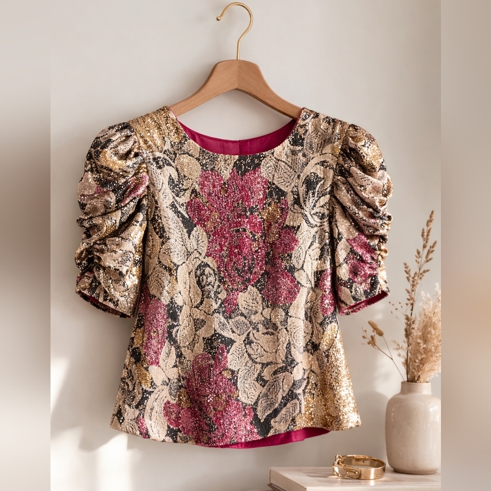 Anthropologie Marie Floral Sequin Blouse  Size 4 Ruched Sleeve Gold Pink Top